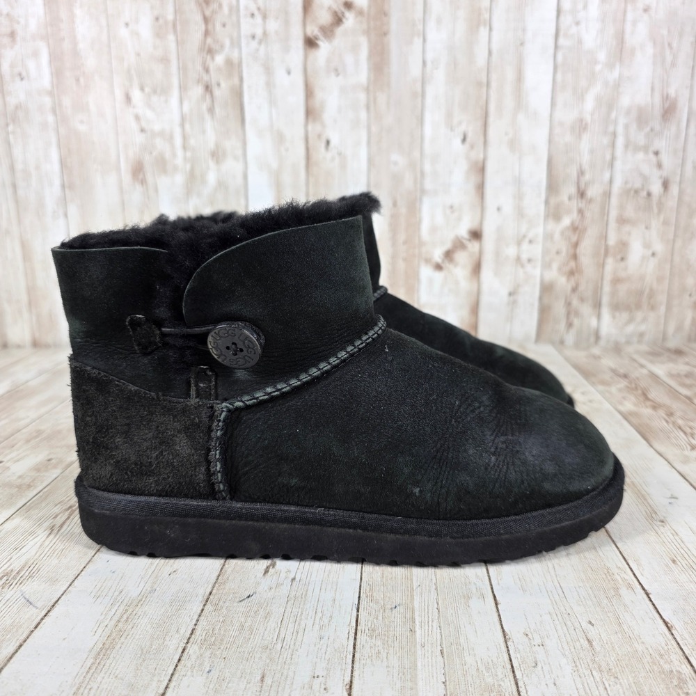 UGG Australia Mini Bailey Button Boots‎ Suede Shearling Black Boots US 6.5